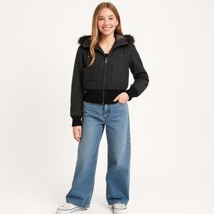 Fearless Cropped Jacket  – Charcoal Gray Faux Fur Hood, Zip Up, Womens. Medium